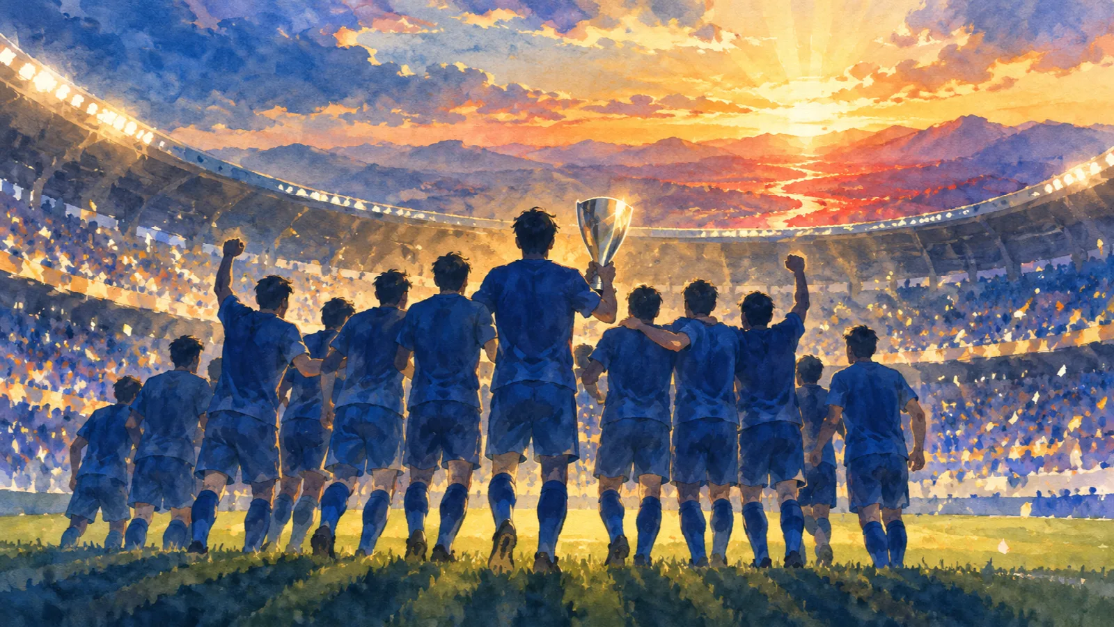 夕暮れのスタジアムで、青いユニフォームの選手たちがトロフィーを掲げ、次の挑戦を示す光の先へ歩くイラスト。
