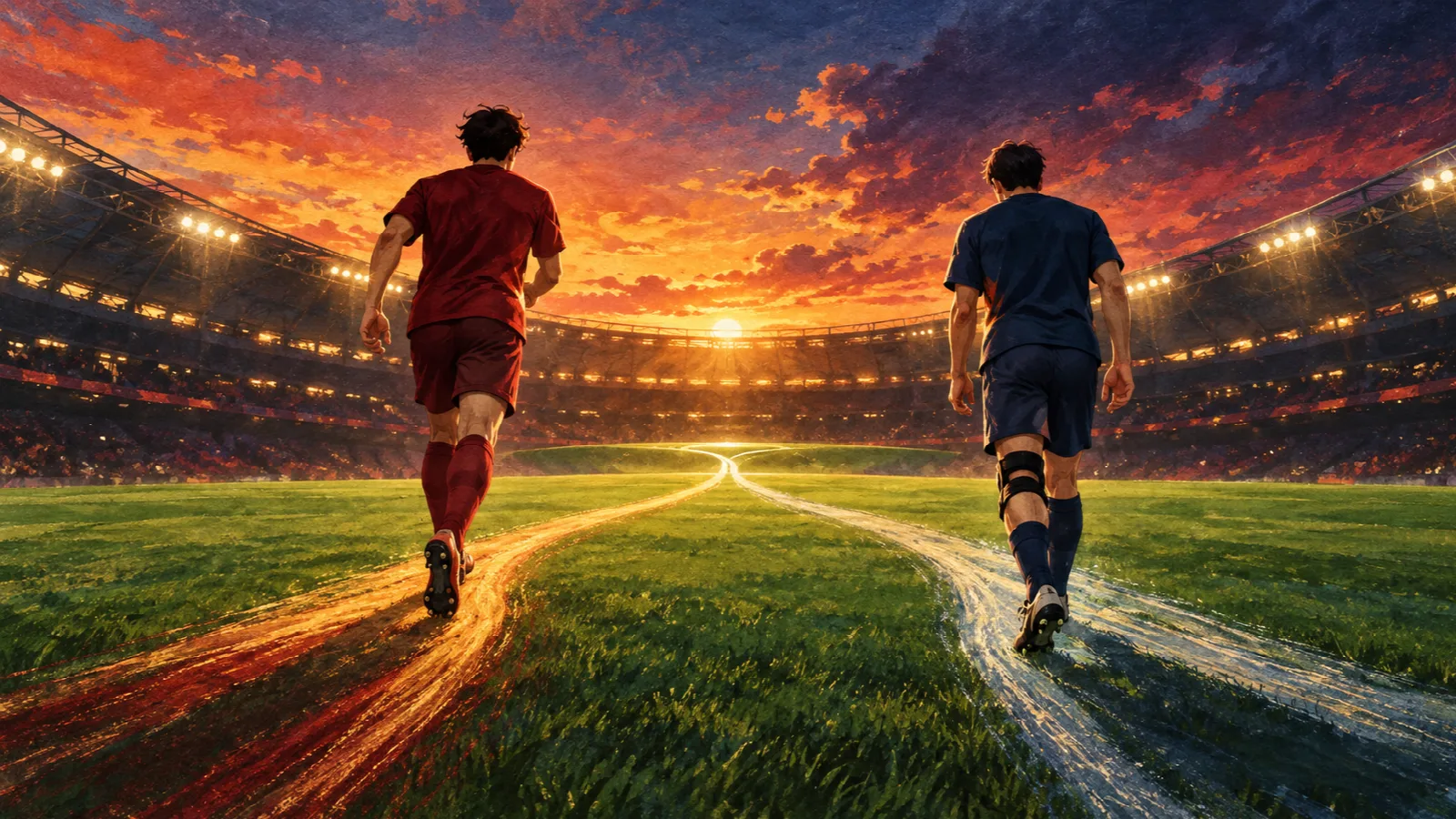 夕暮れのスタジアムで、異なる色の道を進む二人の名も背番号もない選手が、同じピッチの先へ向かうイラスト