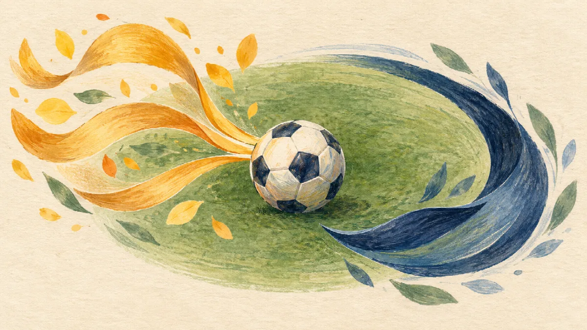 中央のサッカーボールを、外へ広がる金色のリボンと包み込む青いリボンが囲むイラスト。