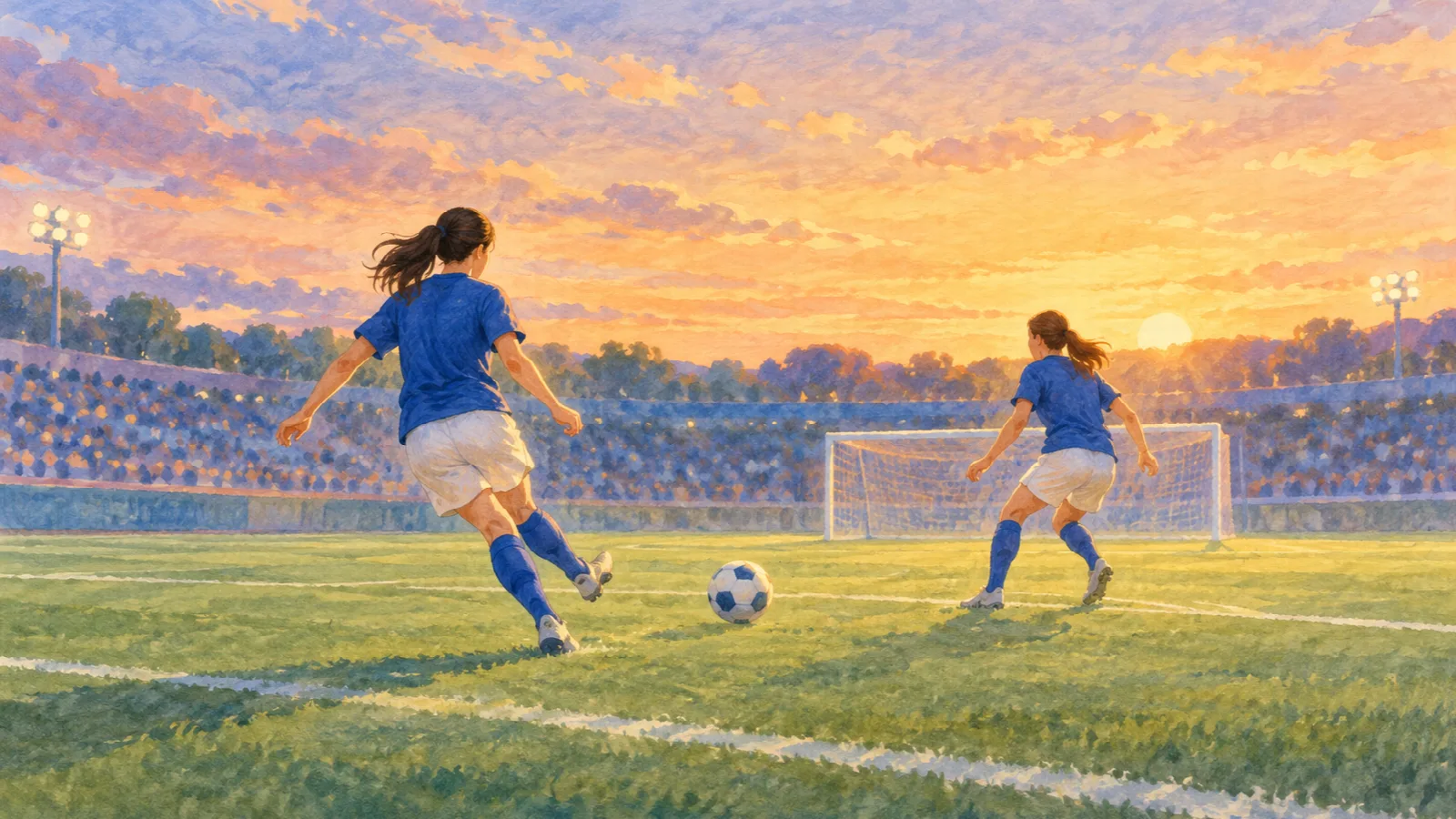 夕暮れのピッチで、青い無地のユニフォームを着た女子選手2人がボールを受け渡す後ろ姿のイラスト。