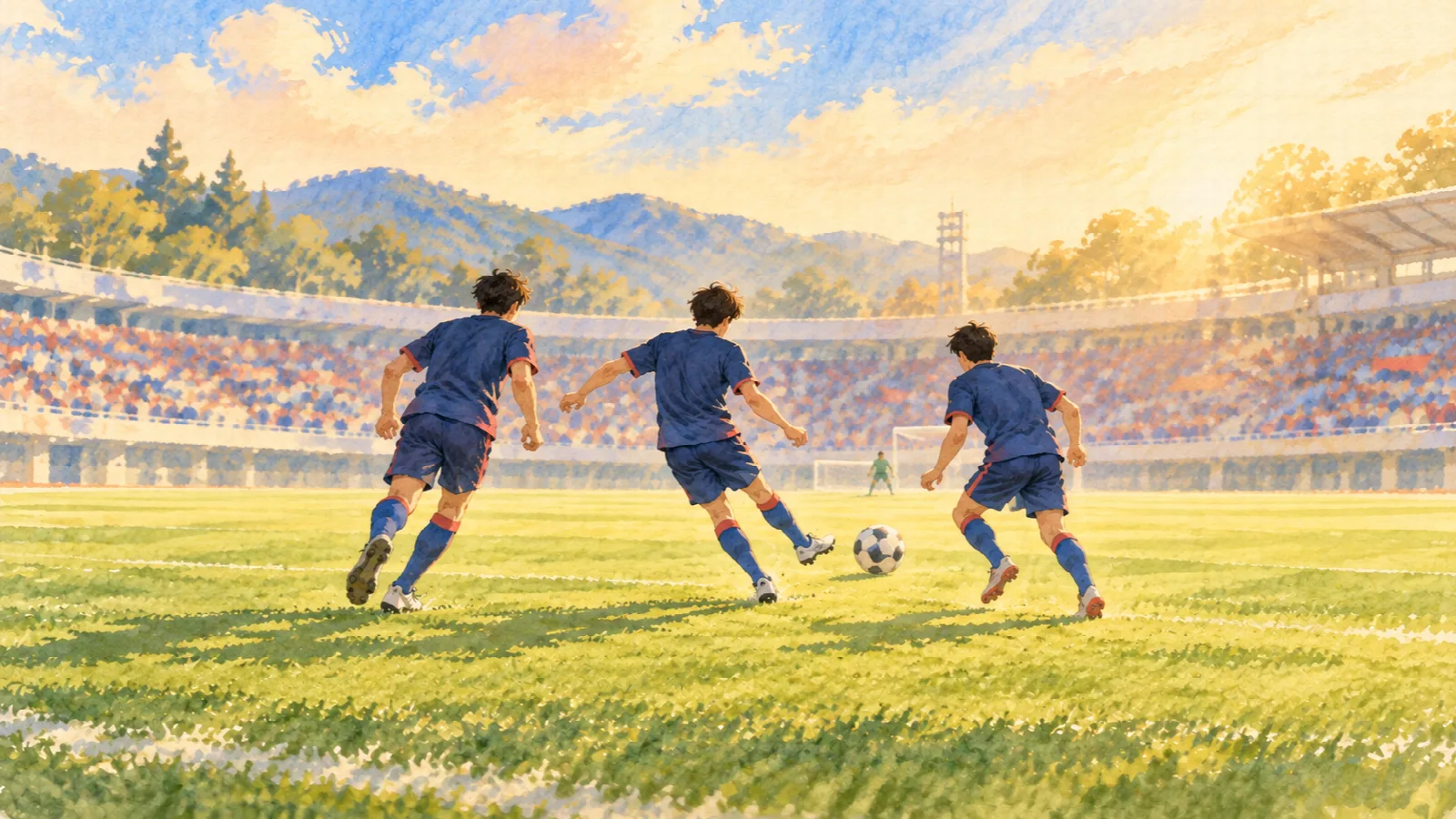 暖かな光が差すピッチで、青い無地のユニフォームを着た3人の選手が仲間へパスをつなぐ後ろ姿のイラスト。