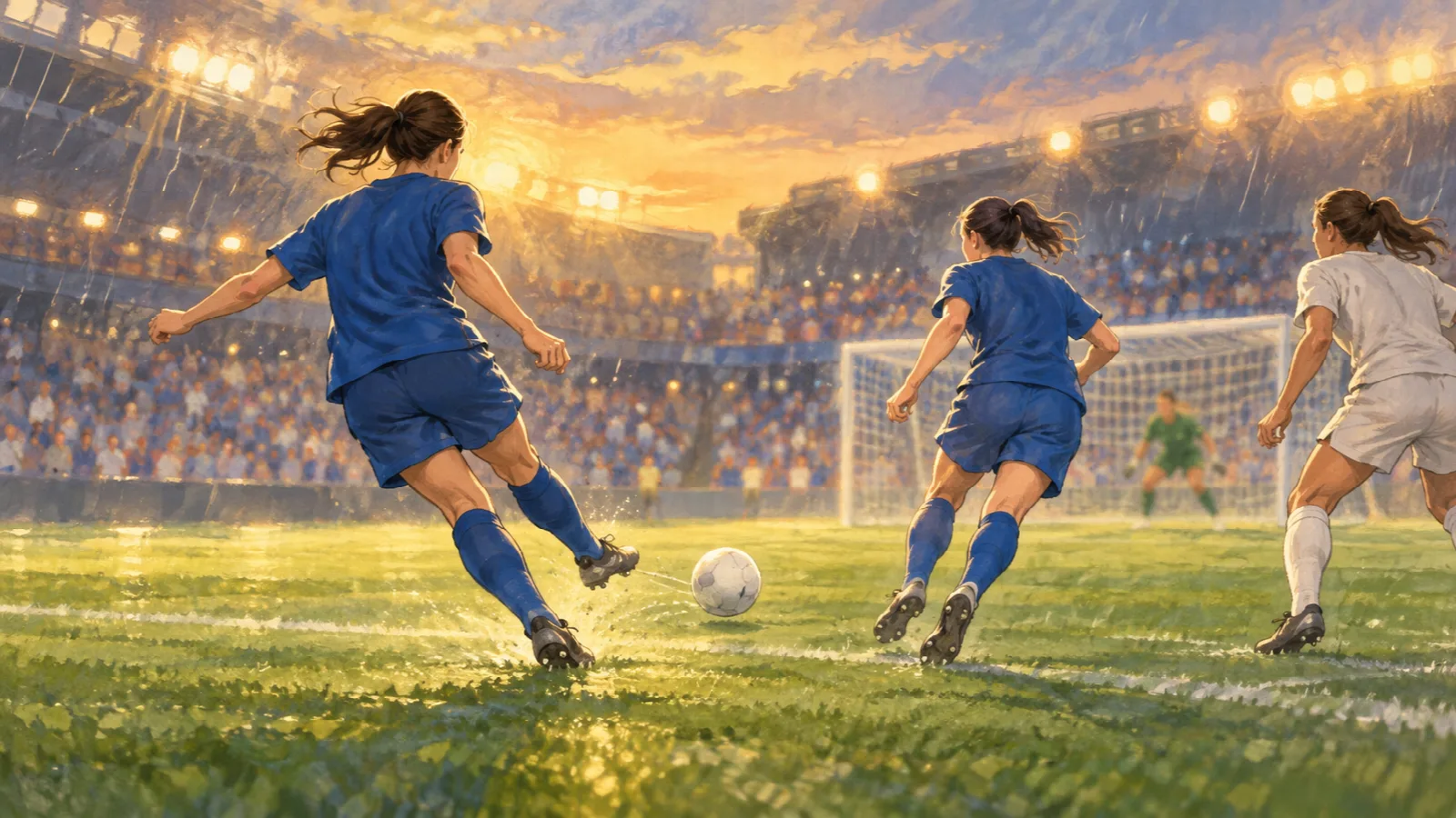 雨のスタジアムで、青い無地のユニフォームの女子選手二人がパスをつないでゴールへ向かうイラスト。