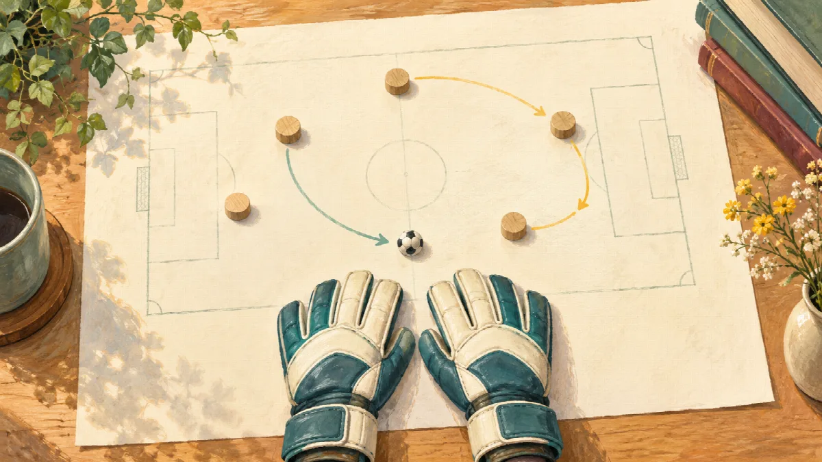 ピッチを描いた紙の上にGKの手袋とボール、木の駒を置き、異なるパスの流れを線で表したイラスト。