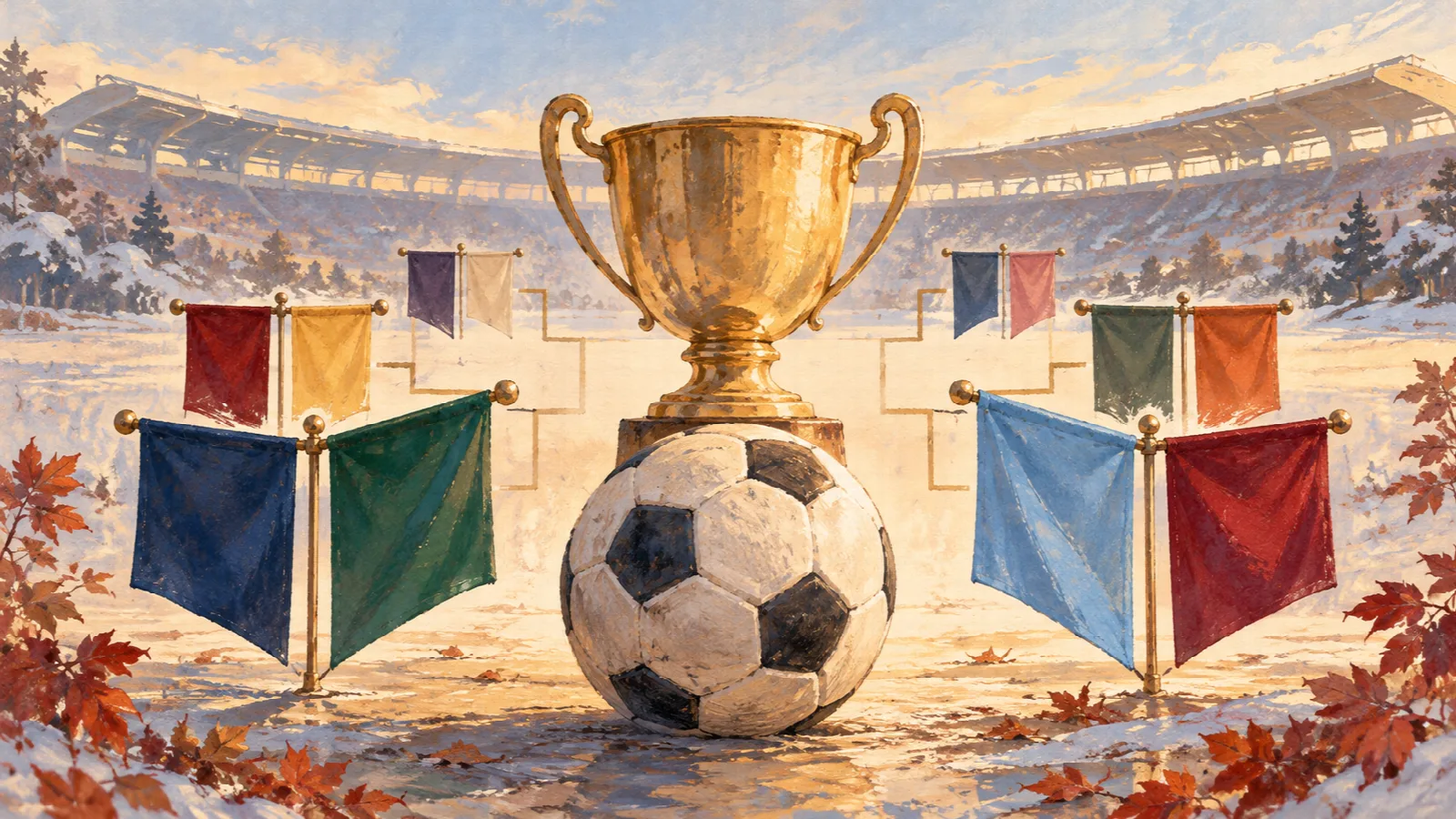 冬のスタジアムを背景に、中央のサッカーボールと金色のカップを色違いのペナントが囲むイラスト。