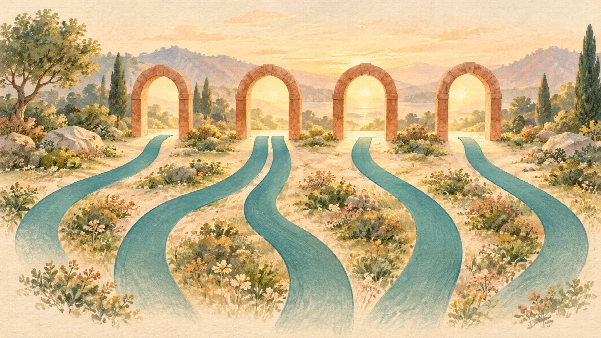 5本の青緑色の道が4つのアーチへ向かい、そのうち2本が同じ入口に並ぶイラスト。