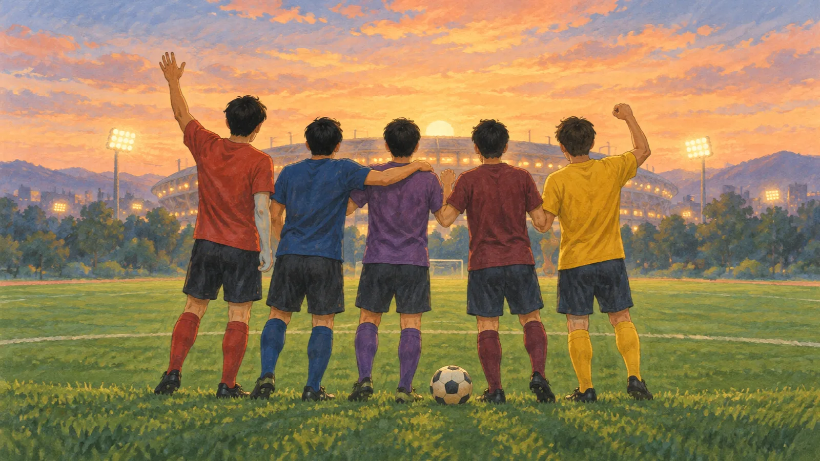 夕焼けのピッチで、異なる色の無地のユニフォームを着た5人の選手が、背中を向けて勝利を喜ぶイラスト。