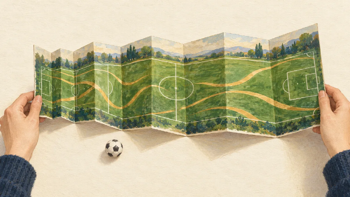 サッカー場と複数の道筋が描かれた蛇腹の紙を両手で広げ、手前に小さなボールを置いたイラスト。