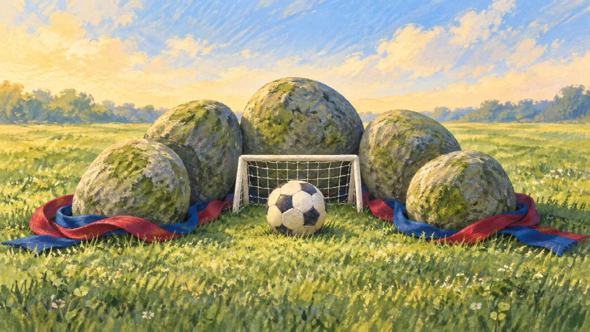 小さなゴールを囲む五つの丸い石と、手前のサッカーボール、青と赤の布を描いたイラスト。