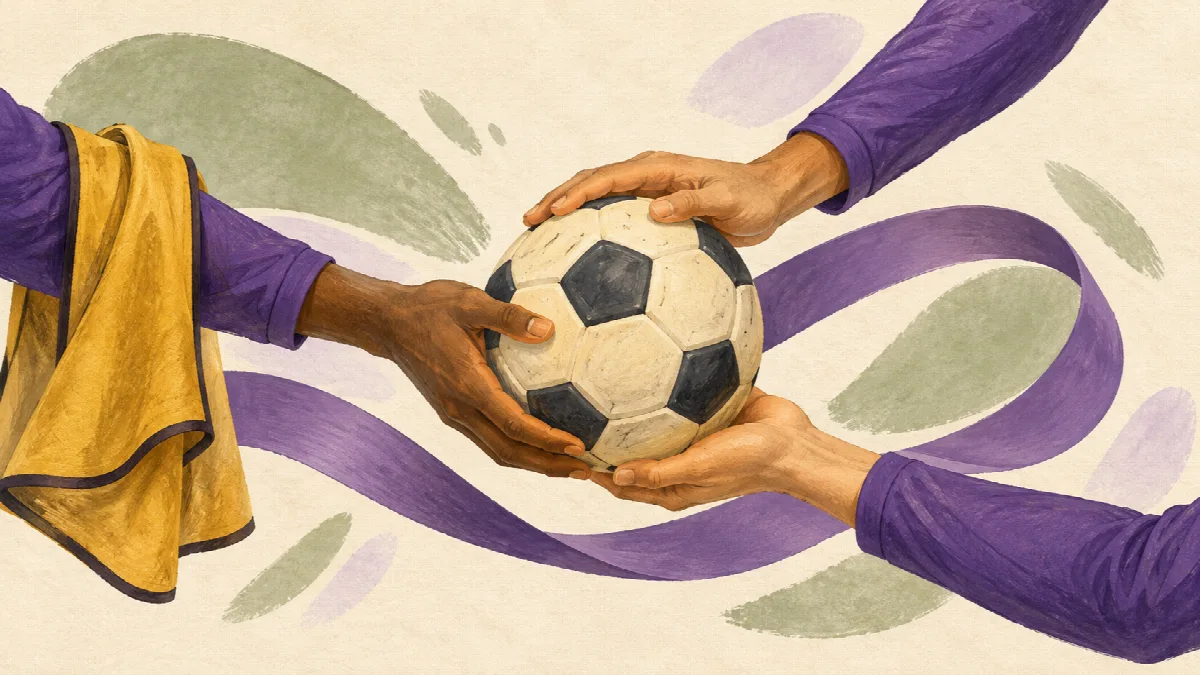 紫色の袖から伸びた三人の手が一つのサッカーボールを支え、紫のリボンがつなぐ概念イラスト。