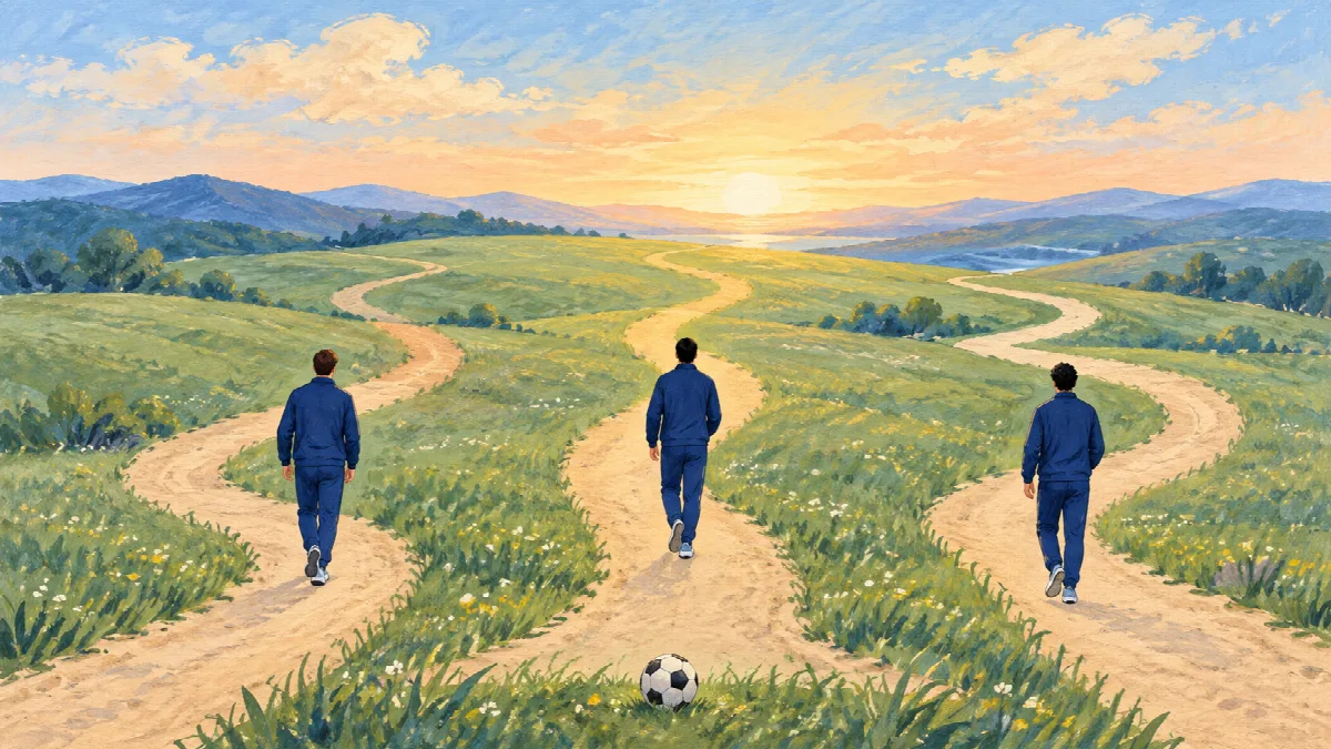 草原に延びる形の異なる3本の道を、青い練習着の3人がそれぞれ歩く後ろ姿のイラスト。