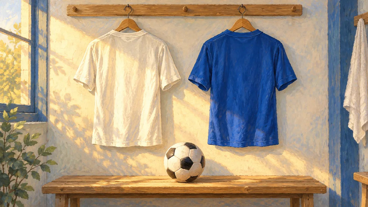 柔らかな日差しの中、白と青の無地のユニフォームが並び、その下の木製ベンチにサッカーボールが置かれたイラスト。